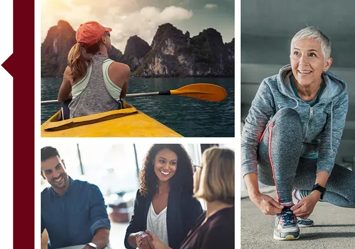 Collage featuring kayaking outdoors, tying athletic shoes, and participating in a small group meeting.